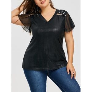 Plus Size Hollow Out Metallic Blouse w/ Rhinestone